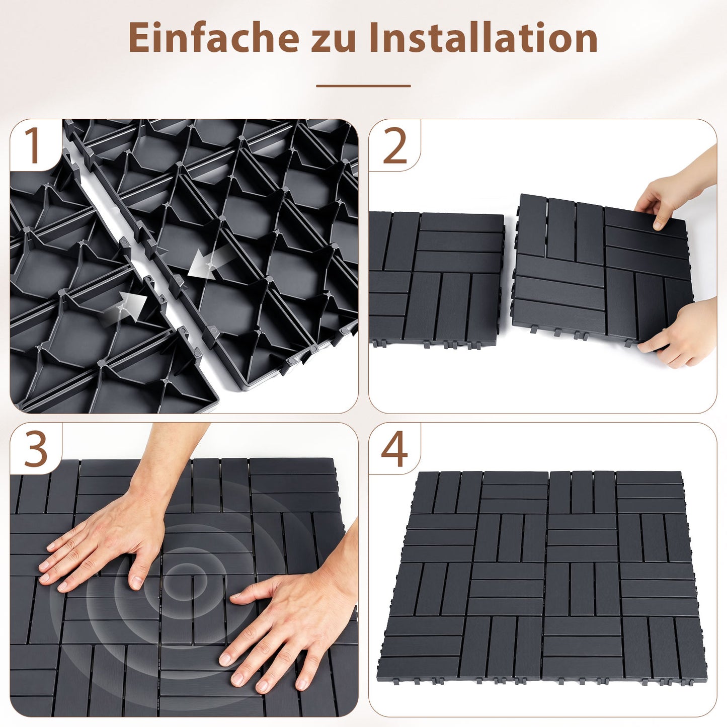 Hengda PP Terrassenfliesen Rutschfest Kunststoff-Bodenbelag 30x30cm mit Klicksystem