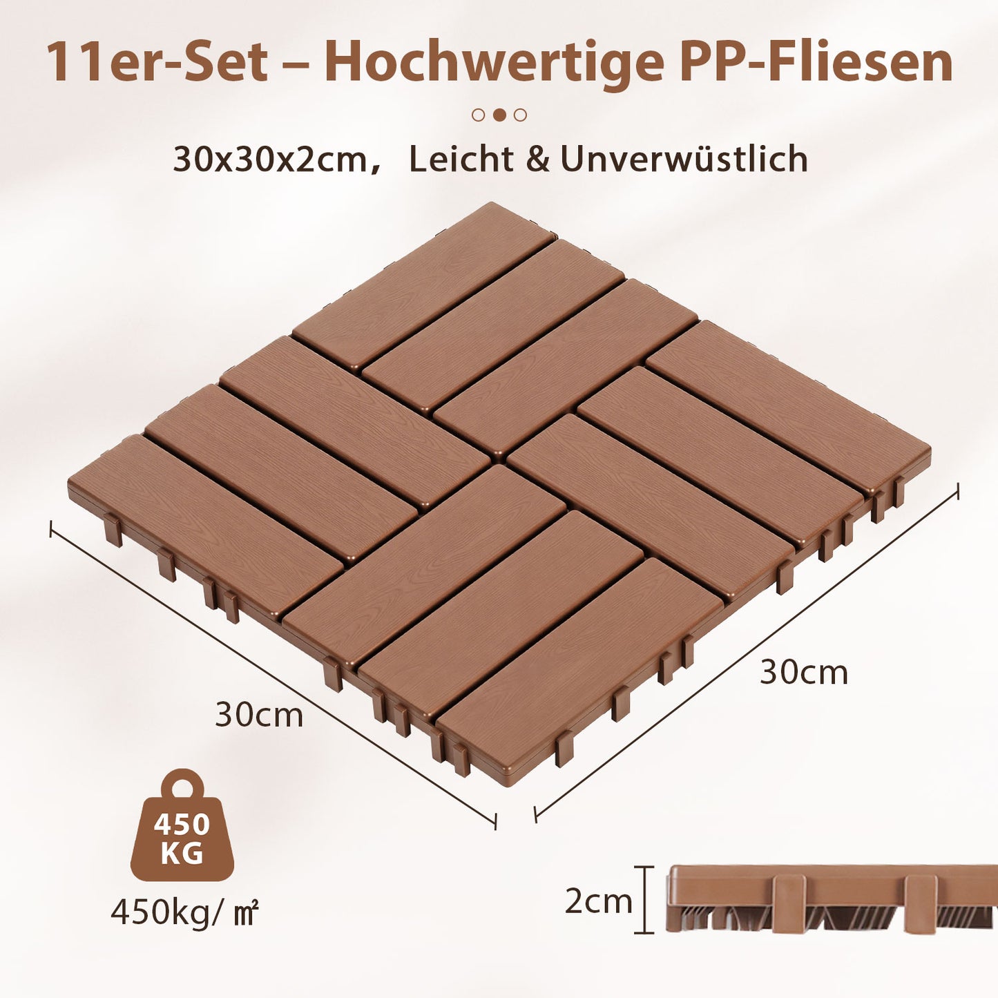 Hengda PP Terrassenfliesen Rutschfest Kunststoff-Bodenbelag 30x30cm mit Klicksystem