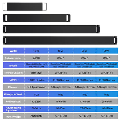 Hengda LED Aquarium Beleuchtung, 16W/20W/25W, Aquariumbeleuchtung Weiß Blau, Aquarium Lampe mit Verstellbarer Halterung, für 90cm-120cm Süßwasser-Aquarien
