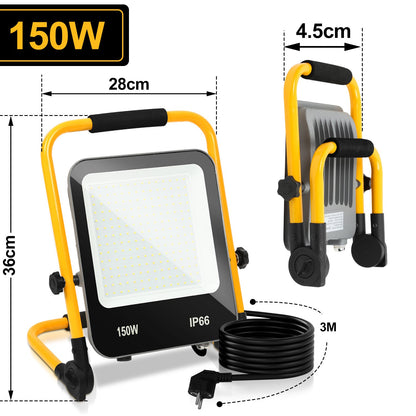 Hengda LED Baustrahler 50-200W mit Ständer | Arbeitsleuchte 6000K Kaltweiß | IP66 Wasserdichter LED Fluter mit 3 m Kabel & Stecker für Baustelle, Werkstatt, Garage