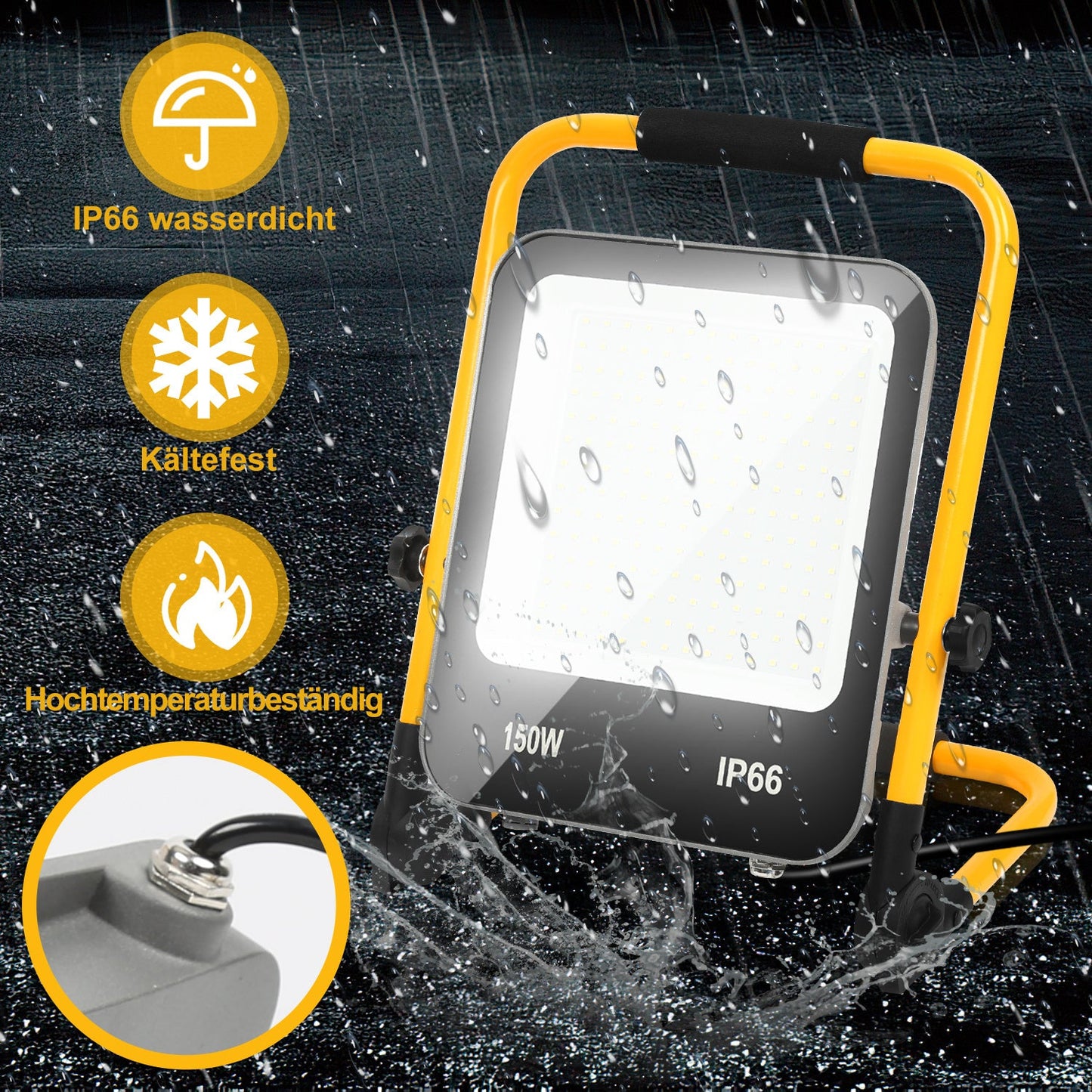 Hengda LED Baustrahler 50-200W mit Ständer | Arbeitsleuchte 6000K Kaltweiß | IP66 Wasserdichter LED Fluter mit 3 m Kabel & Stecker für Baustelle, Werkstatt, Garage