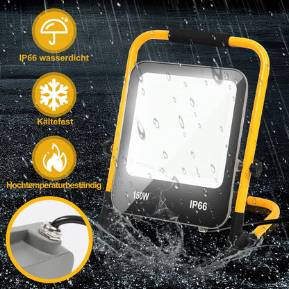 Hengda LED Baustrahler 50-200W mit Ständer | Arbeitsleuchte 6000K Kaltweiß | IP66 Wasserdichter LED Fluter mit 3 m Kabel & Stecker für Baustelle, Werkstatt, Garage