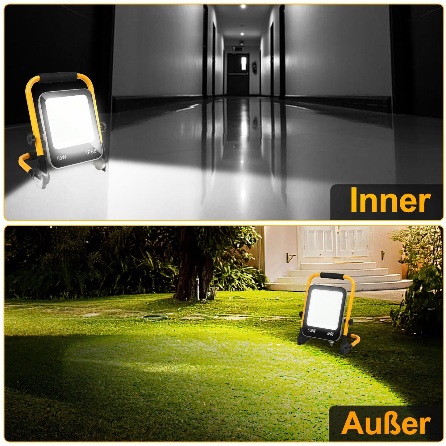Hengda LED Baustrahler 50-200W mit Ständer | Arbeitsleuchte 6000K Kaltweiß | IP66 Wasserdichter LED Fluter mit 3 m Kabel & Stecker für Baustelle, Werkstatt, Garage