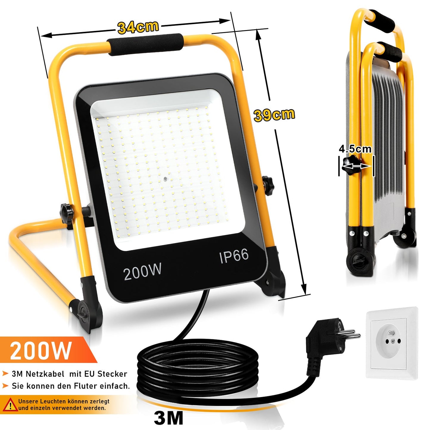 Hengda LED Baustrahler 50-200W mit Ständer | Arbeitsleuchte 6000K Kaltweiß | IP66 Wasserdichter LED Fluter mit 3 m Kabel & Stecker für Baustelle, Werkstatt, Garage