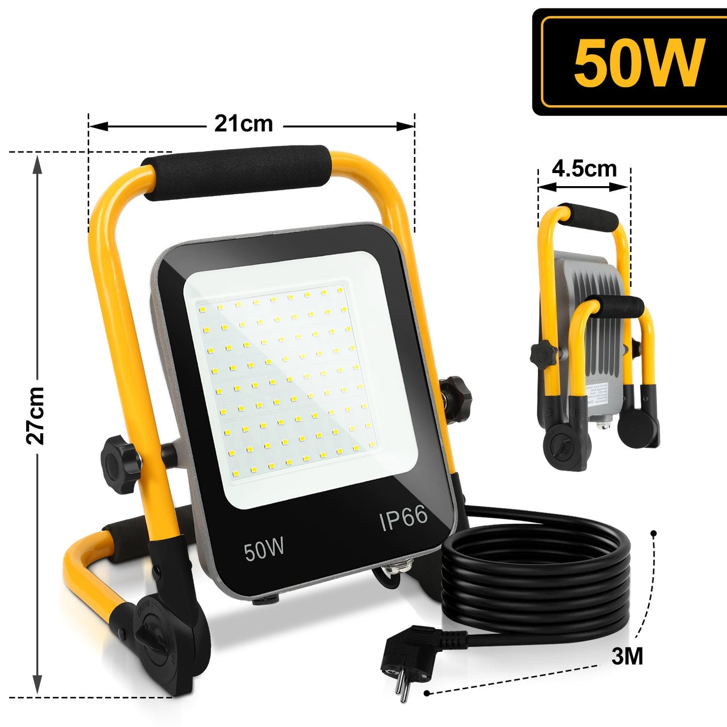 Hengda LED Baustrahler 50-200W mit Ständer | Arbeitsleuchte 6000K Kaltweiß | IP66 Wasserdichter LED Fluter mit 3 m Kabel & Stecker für Baustelle, Werkstatt, Garage