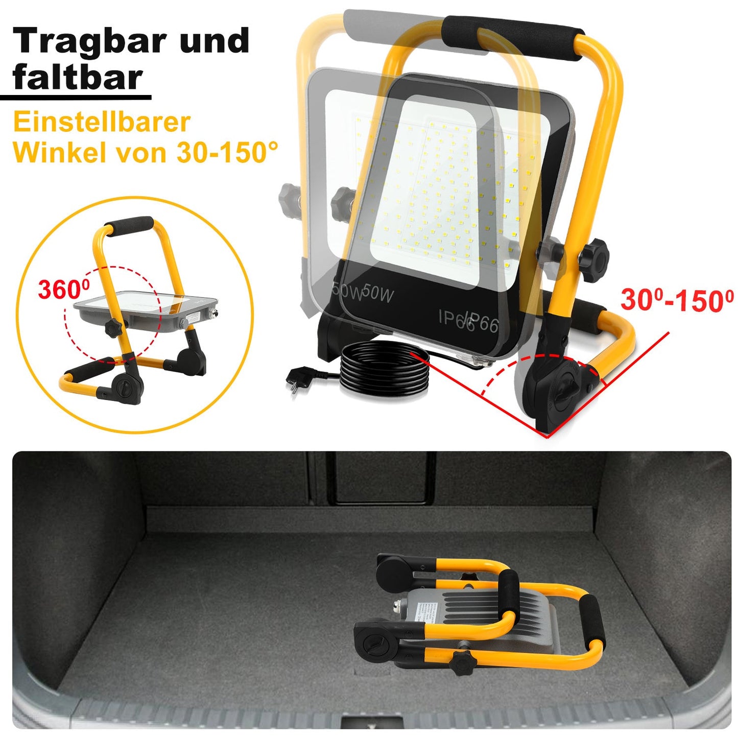 Hengda LED Baustrahler 50-200W mit Ständer | Arbeitsleuchte 6000K Kaltweiß | IP66 Wasserdichter LED Fluter mit 3 m Kabel & Stecker für Baustelle, Werkstatt, Garage