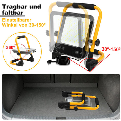 Hengda LED Baustrahler 50-200W mit Ständer | Arbeitsleuchte 6000K Kaltweiß | IP66 Wasserdichter LED Fluter mit 3 m Kabel & Stecker für Baustelle, Werkstatt, Garage