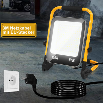Hengda LED Baustrahler 50-200W mit Ständer | Arbeitsleuchte 6000K Kaltweiß | IP66 Wasserdichter LED Fluter mit 3 m Kabel & Stecker für Baustelle, Werkstatt, Garage