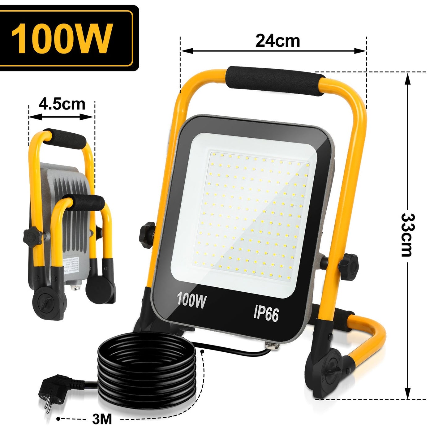 Hengda LED Baustrahler 50-200W mit Ständer | Arbeitsleuchte 6000K Kaltweiß | IP66 Wasserdichter LED Fluter mit 3 m Kabel & Stecker für Baustelle, Werkstatt, Garage