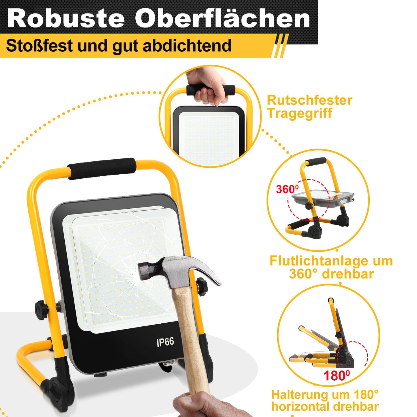 Hengda LED Baustrahler 50-200W mit Ständer | Arbeitsleuchte 6000K Kaltweiß | IP66 Wasserdichter LED Fluter mit 3 m Kabel & Stecker für Baustelle, Werkstatt, Garage
