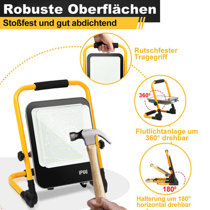 Hengda LED Baustrahler 50-200W mit Ständer | Arbeitsleuchte 6000K Kaltweiß | IP66 Wasserdichter LED Fluter mit 3 m Kabel & Stecker für Baustelle, Werkstatt, Garage