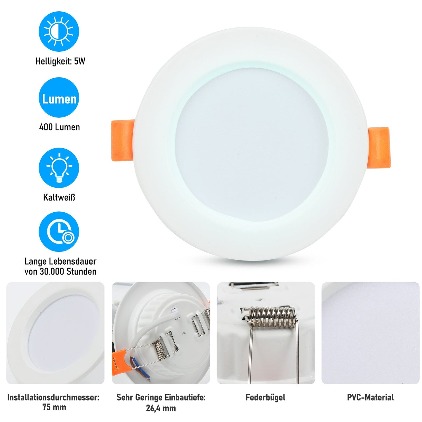 Hengda 20x LED Einbaustrahler 3200K/6000K, LED strahler, 220V 5W Deckenstrahler, Deckenspot