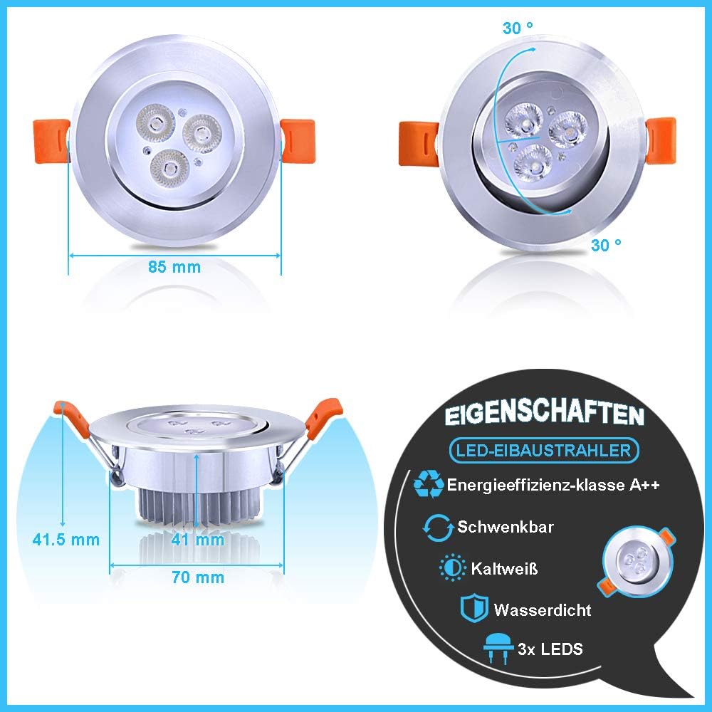 Hengda 3W LED Einbaustrahler 230V | Flacher LED Deckenspot Warmweiß Kaltweiß | Energieeffiziente LED Einbauleuchte für Wohnzimmer, Küche, Bad Flur