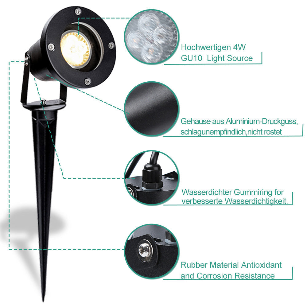 Hengda LED Gartenstrahler 4W, Gartenleuchte GU10 4000K Warmweiß, Gartenbeleuchtung mit Erdspieß, IP65 Gartenlampe mit Stecker