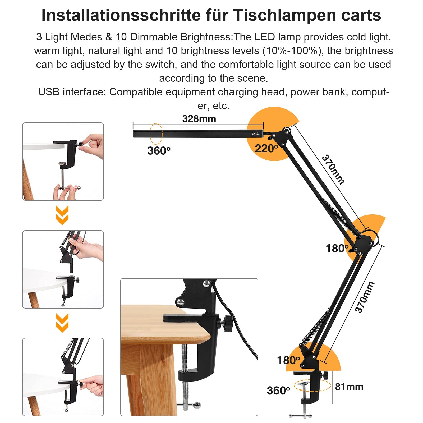 Hengda LED Schreibtischlampe, 10W Klemmleuchte, Dimmbar Tischlampe