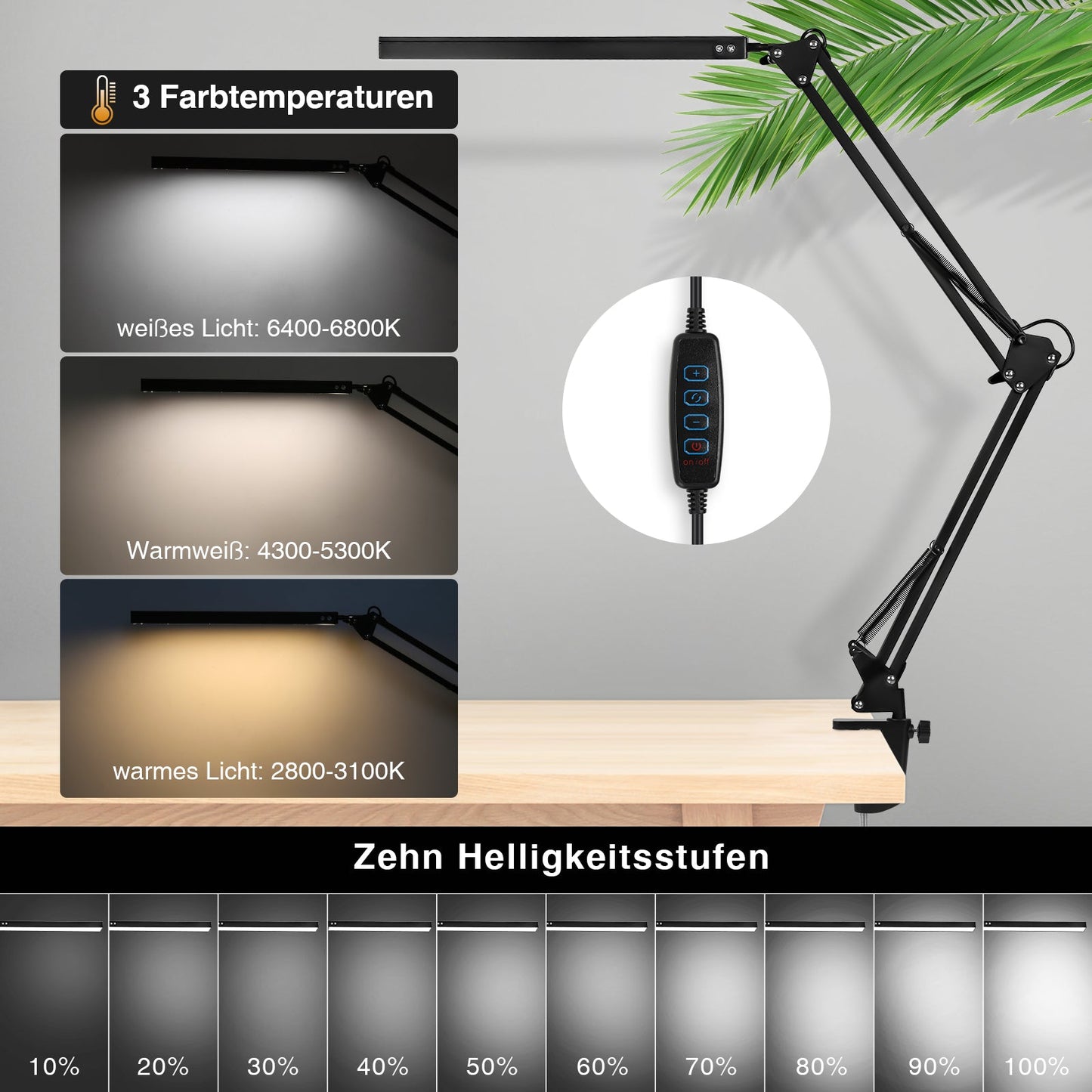 Hengda LED Schreibtischlampe, 10W Klemmleuchte, Dimmbar Tischlampe