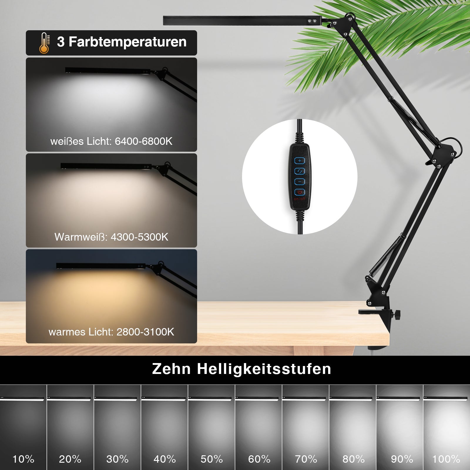 Hengda LED Schreibtischlampe, 10W Klemmleuchte, Dimmbar Tischlampe