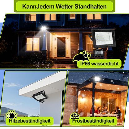 Hengda 10-100W LED Strahler mit Bewegungsmelder, LED Fluter Kaltweiß Wandstrahler Außen IP66, Scheinwerfer,  Gartenlampe, Baustrahler (kein Stecker)