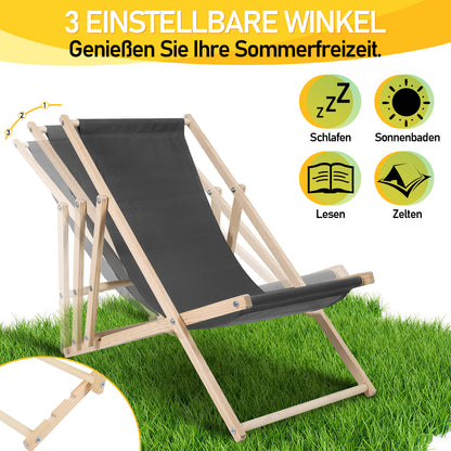 Hengda Liegestuhl klappbar aus Holz, verstellbare Strandstuhl bis 120 kg, Sonnenliege für Garten, Balkon, Terrasse, Strand und Camping