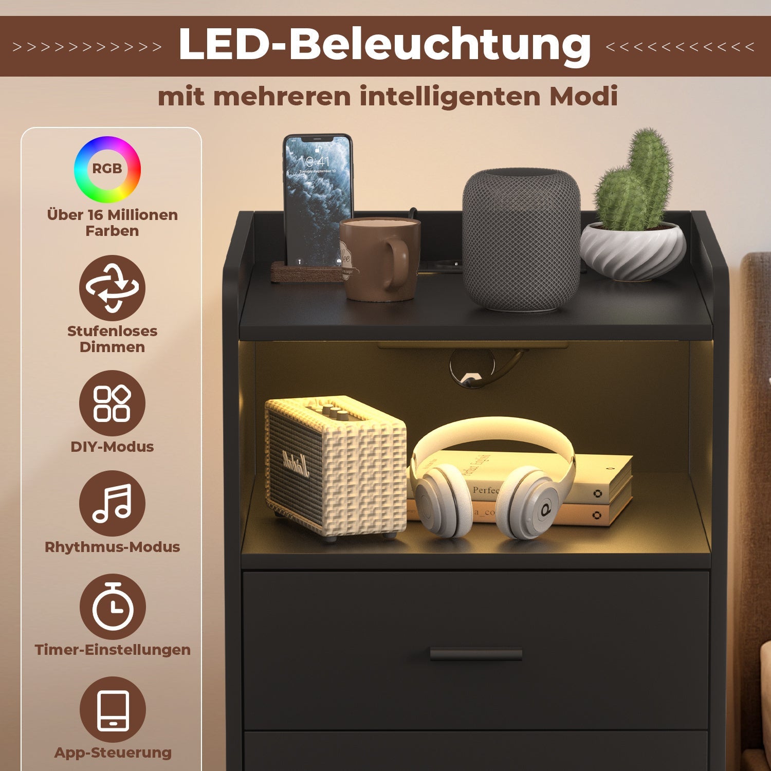 Hengda Nachttisch Ablagen, mit Steckdose & LED-Lichtern, Beistelltisch Schubfächer