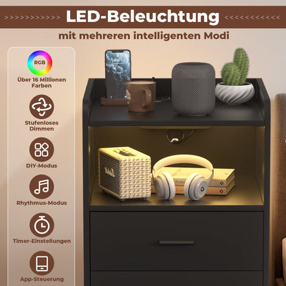 Hengda Nachttisch Ablagen, mit Steckdose & LED-Lichtern, Beistelltisch Schubfächer