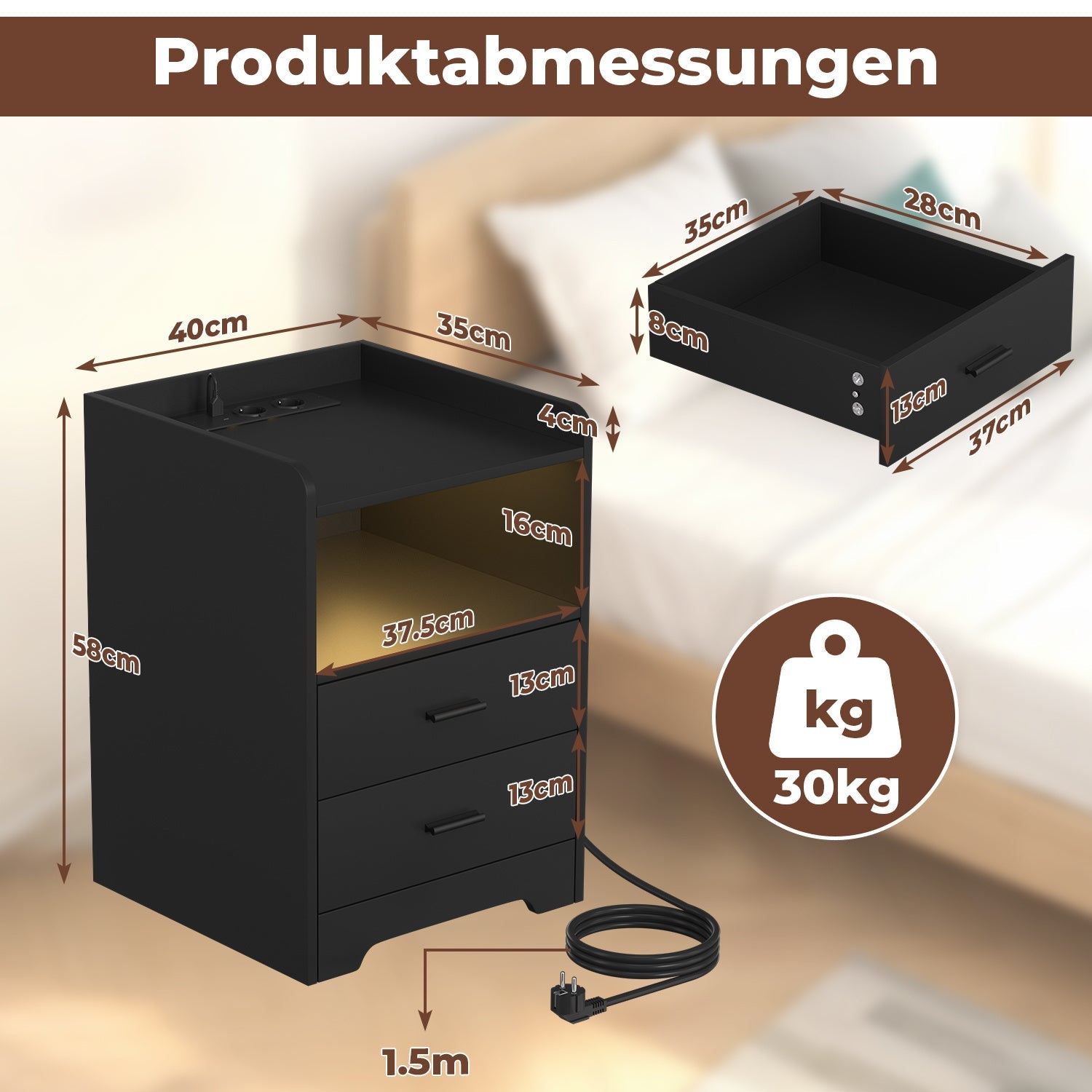 Hengda Nachttisch Ablagen, mit Steckdose & LED-Lichtern, Beistelltisch Schubfächer