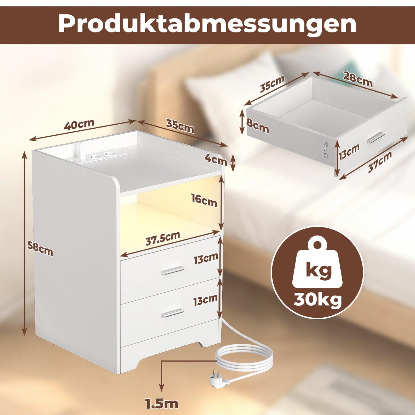 Hengda Nachttisch Ablagen, mit Steckdose & LED-Lichtern, Beistelltisch Schubfächer