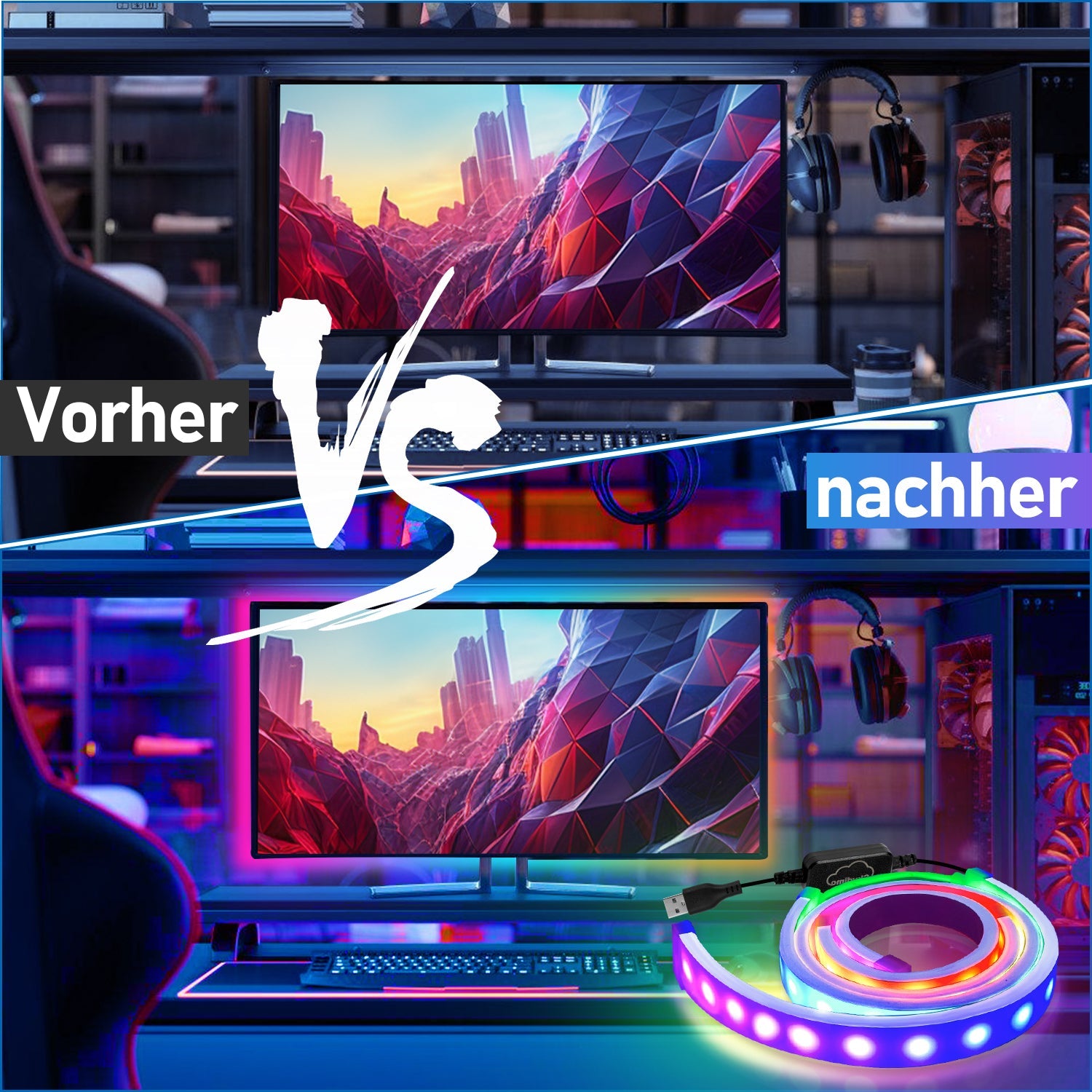 Hengda Neon LED Strip RGBIC Gaming PC Monitor Hintergrundbeleuchtung USB LED Streifen für 27/32 Zoll PC, Dimmbar, mit App-Steuerung