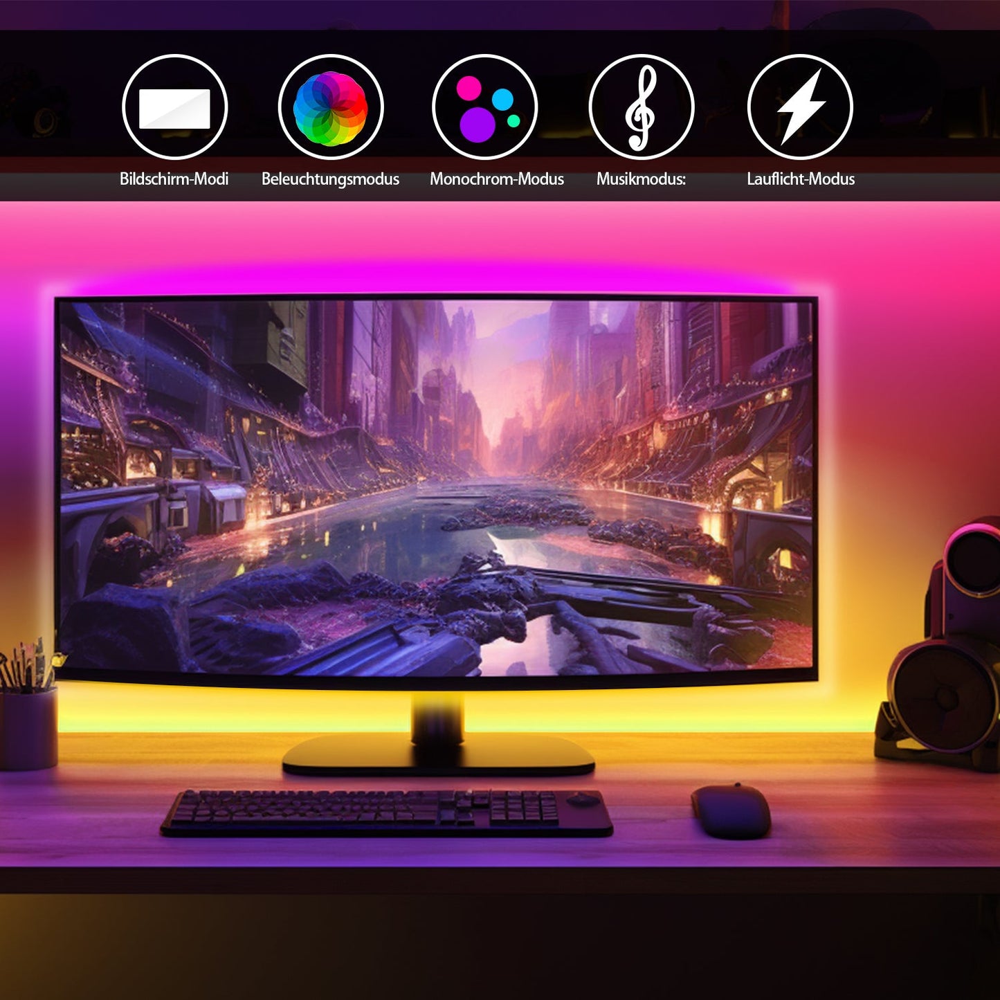 Hengda Neon LED Strip RGBIC Gaming PC Monitor Hintergrundbeleuchtung USB LED Streifen für 27/32 Zoll PC, Dimmbar, mit App-Steuerung