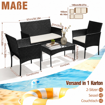 Hengda Polyrattan Gartenmöbel Set 4-teilig, Balkonmöbel Kompakte Sitzgruppe