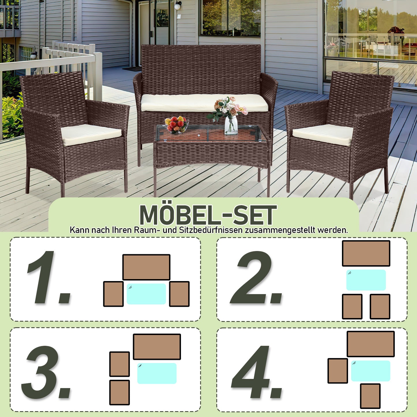 Hengda Polyrattan Gartenmöbel Set 4-teilig, Balkonmöbel Kompakte Sitzgruppe