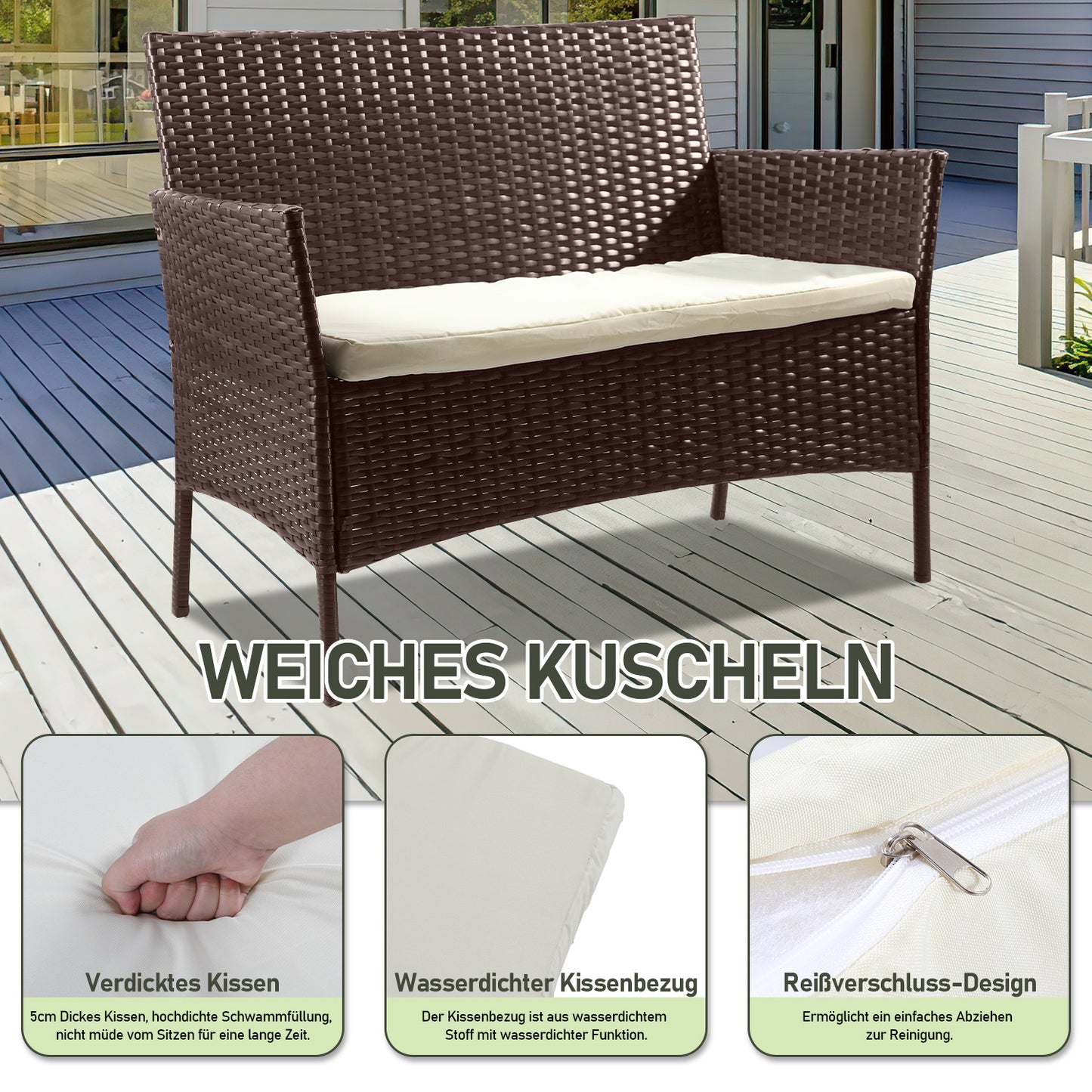 Hengda Polyrattan Gartenmöbel Set 4-teilig, Balkonmöbel Kompakte Sitzgruppe