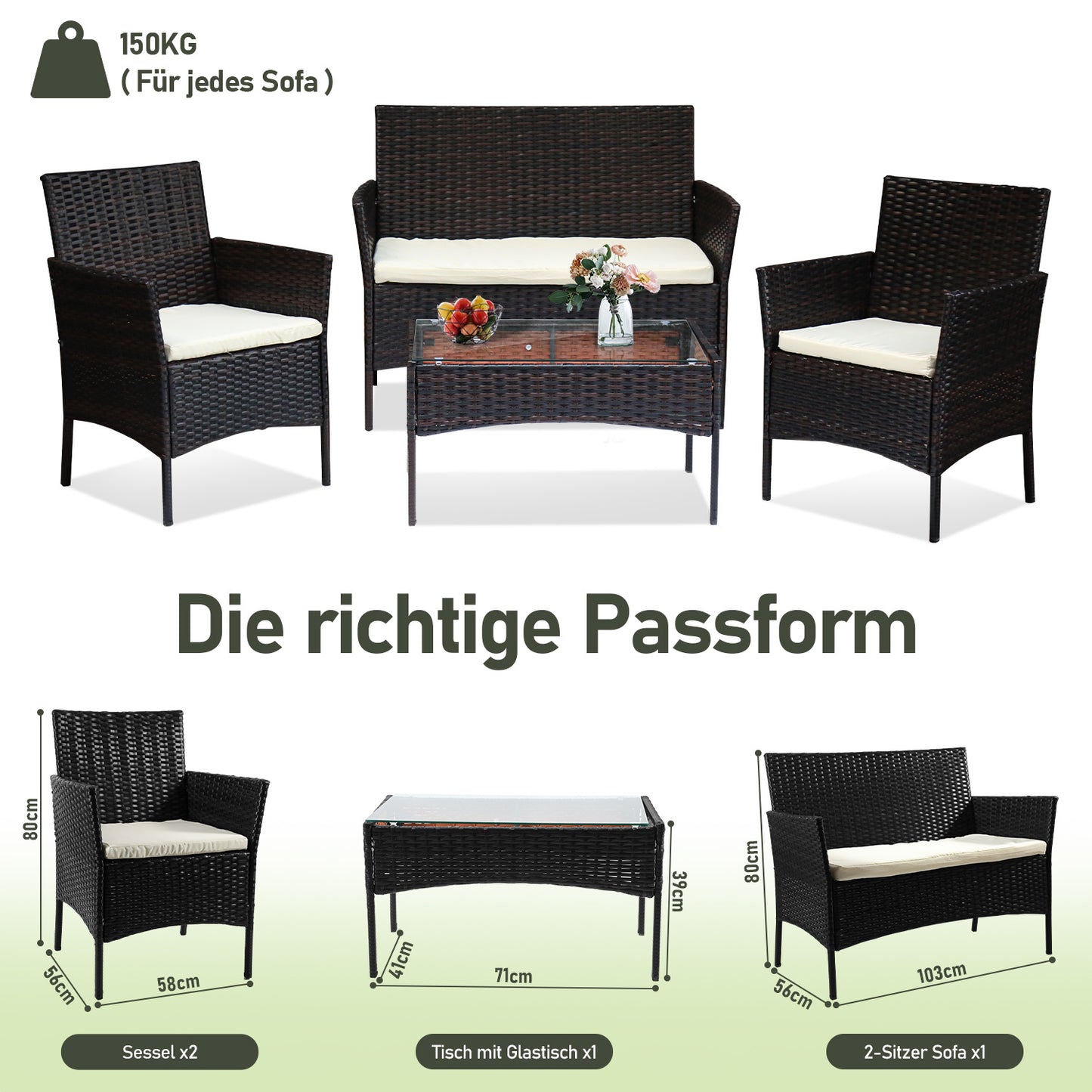 Hengda Polyrattan Gartenmöbel Set 4-teilig, Balkonmöbel Kompakte Sitzgruppe
