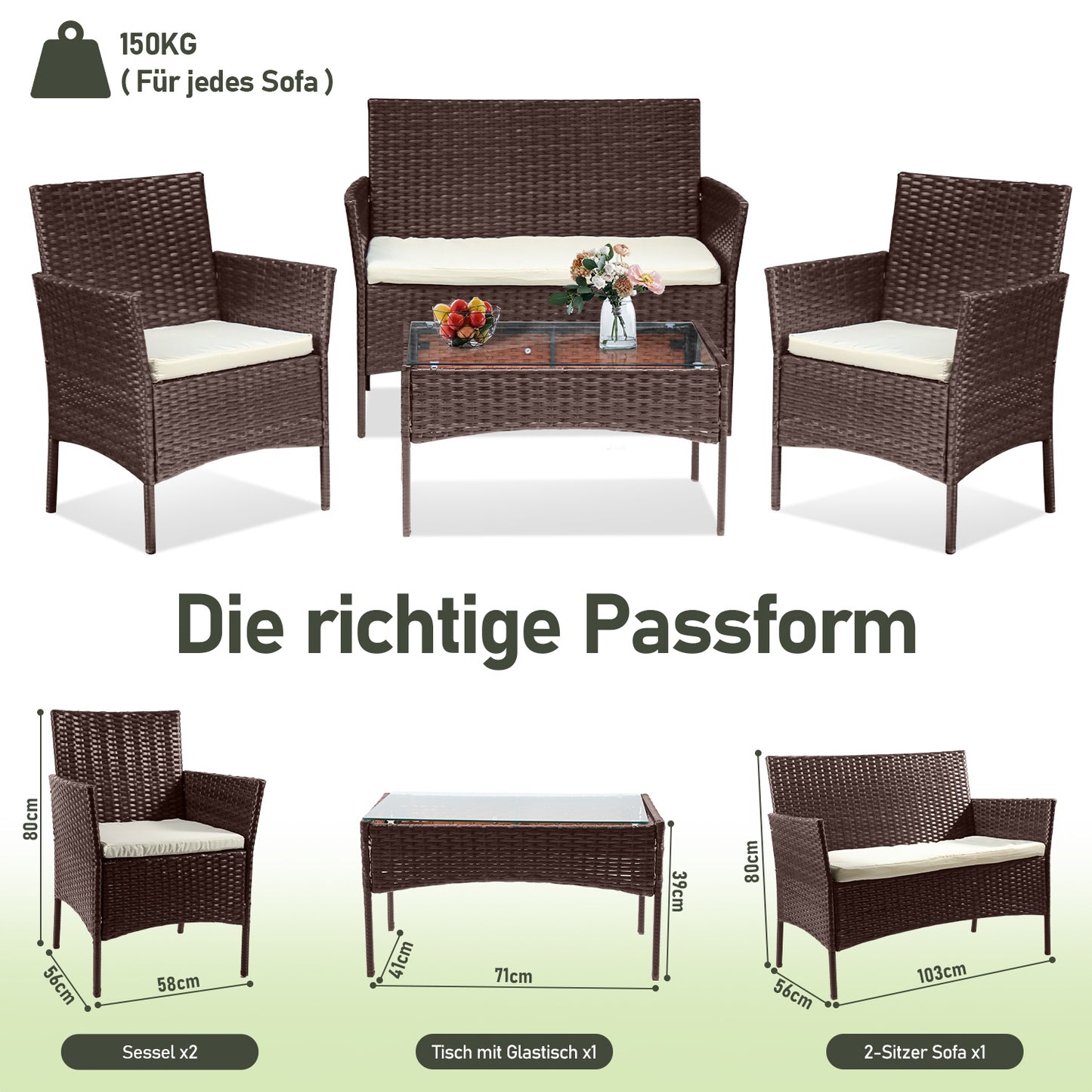 Hengda Polyrattan Gartenmöbel Set 4-teilig, Balkonmöbel Kompakte Sitzgruppe