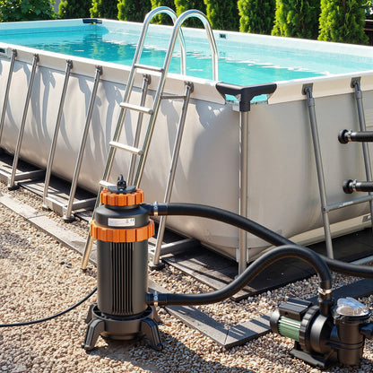 Hengda Poolheizung Elektrisch 3KW, Heizung bis 45 °C, Ø 29 x 42 cm Pool Heizung  mit Digitalanzeige, FI-Schutz, Schnittstelle 32-38 mm
