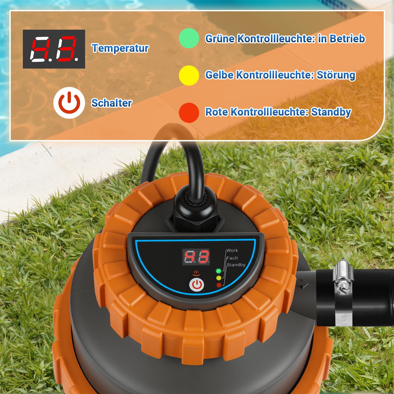 Hengda Poolheizung Elektrisch 3KW, Heizung bis 45 °C, Ø 29 x 42 cm Pool Heizung  mit Digitalanzeige, FI-Schutz, Schnittstelle 32-38 mm