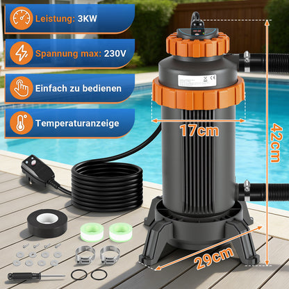 Hengda Poolheizung Elektrisch 3KW, Heizung bis 45 °C, Ø 29 x 42 cm Pool Heizung  mit Digitalanzeige, FI-Schutz, Schnittstelle 32-38 mm