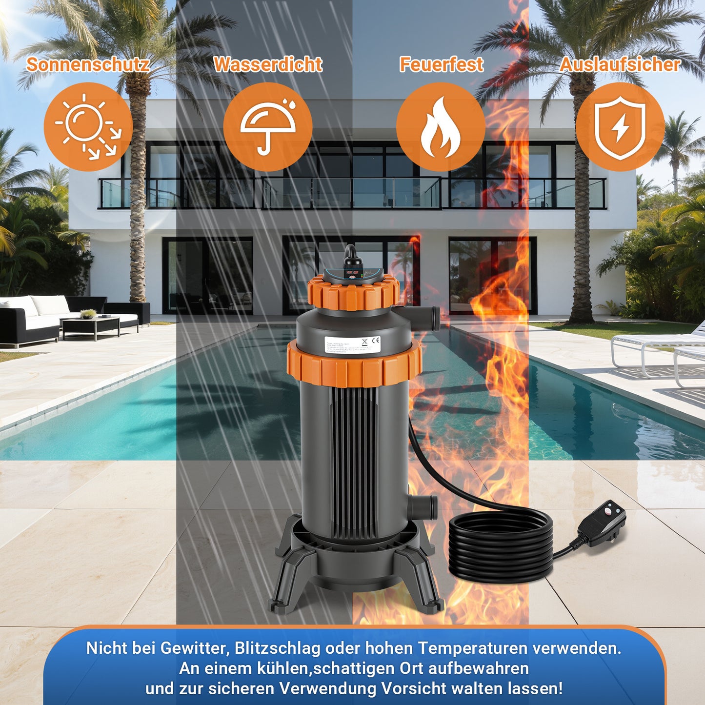 Hengda Poolheizung Elektrisch 3KW, Heizung bis 45 °C, Ø 29 x 42 cm Pool Heizung  mit Digitalanzeige, FI-Schutz, Schnittstelle 32-38 mm