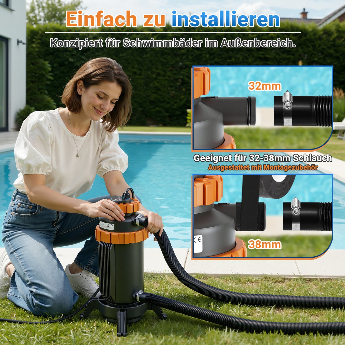Hengda Poolheizung Elektrisch 3KW, Heizung bis 45 °C, Ø 29 x 42 cm Pool Heizung  mit Digitalanzeige, FI-Schutz, Schnittstelle 32-38 mm
