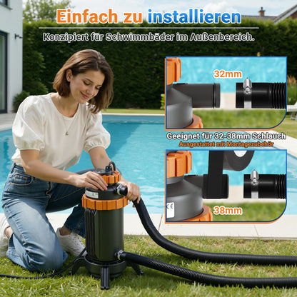 Hengda Poolheizung Elektrisch 3KW, Heizung bis 45 °C, Ø 29 x 42 cm Pool Heizung  mit Digitalanzeige, FI-Schutz, Schnittstelle 32-38 mm