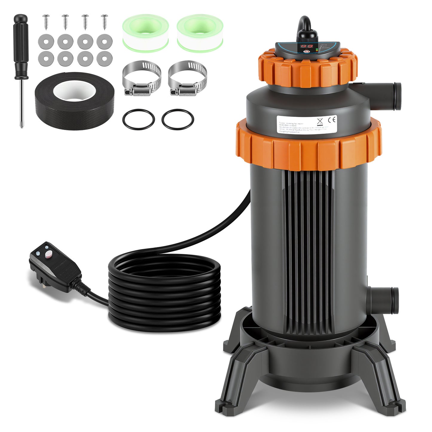 Hengda Poolheizung Elektrisch 3KW, Heizung bis 45 °C, Ø 29 x 42 cm Pool Heizung  mit Digitalanzeige, FI-Schutz, Schnittstelle 32-38 mm