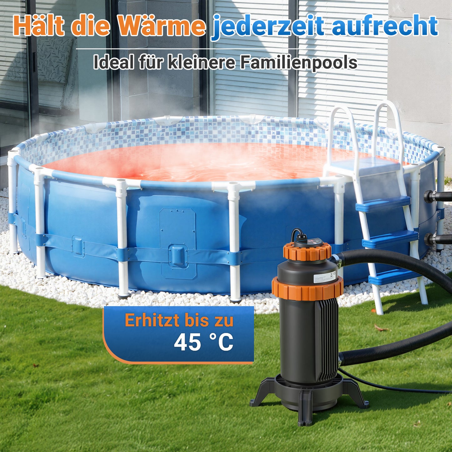 Hengda Poolheizung Elektrisch 3KW, Heizung bis 45 °C, Ø 29 x 42 cm Pool Heizung  mit Digitalanzeige, FI-Schutz, Schnittstelle 32-38 mm