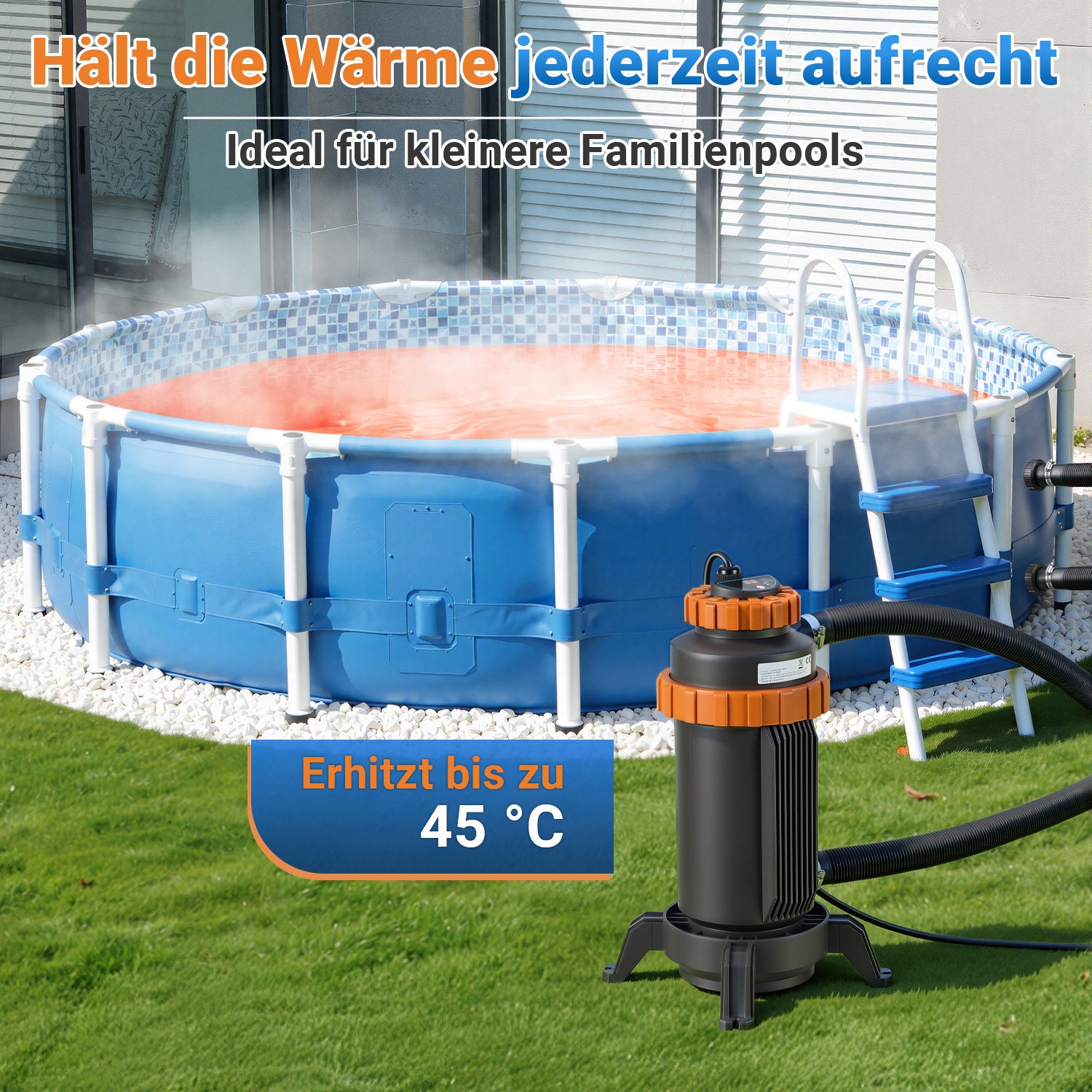 Hengda Poolheizung Elektrisch 3KW, Heizung bis 45 °C, Ø 29 x 42 cm Pool Heizung  mit Digitalanzeige, FI-Schutz, Schnittstelle 32-38 mm