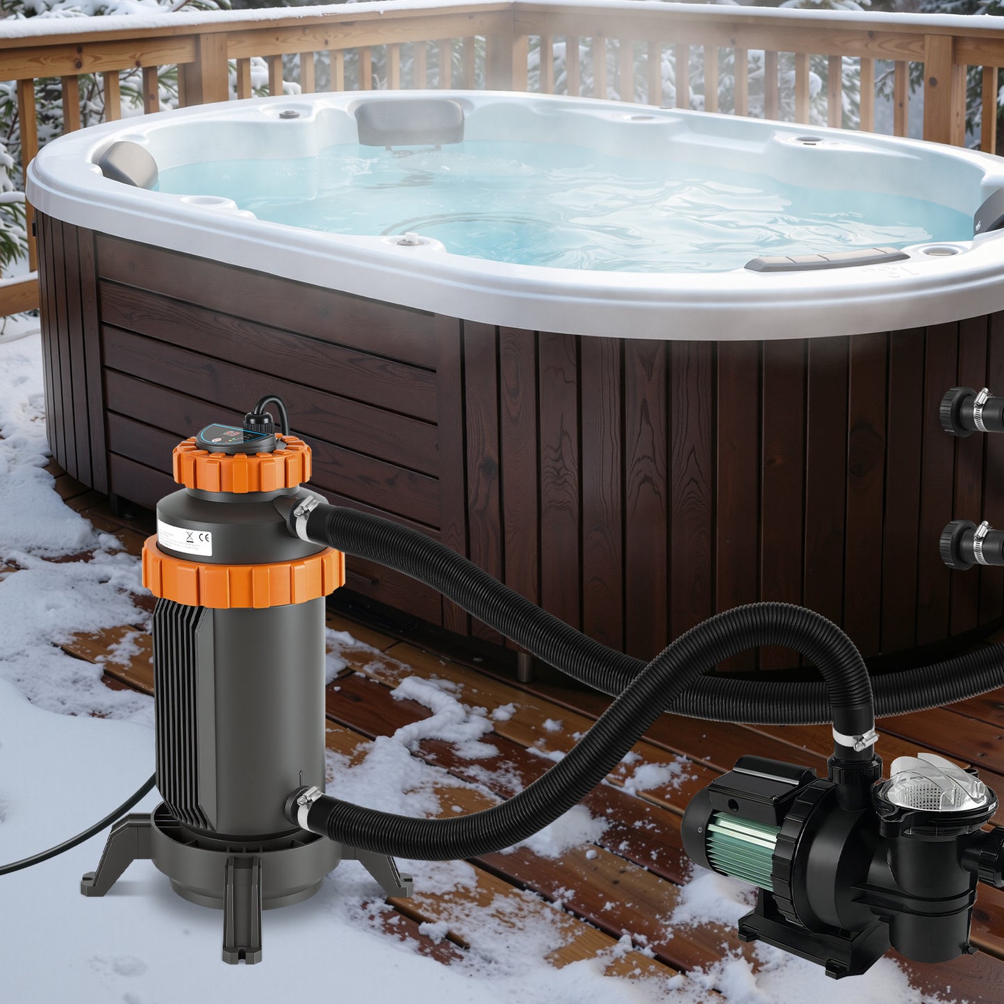 Hengda Poolheizung Elektrisch 3KW, Heizung bis 45 °C, Ø 29 x 42 cm Pool Heizung  mit Digitalanzeige, FI-Schutz, Schnittstelle 32-38 mm
