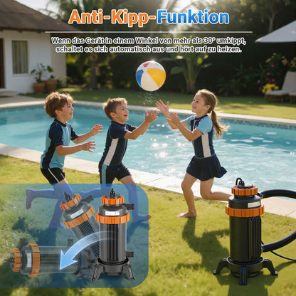 Hengda Poolheizung Elektrisch 3KW, Heizung bis 45 °C, Ø 29 x 42 cm Pool Heizung  mit Digitalanzeige, FI-Schutz, Schnittstelle 32-38 mm