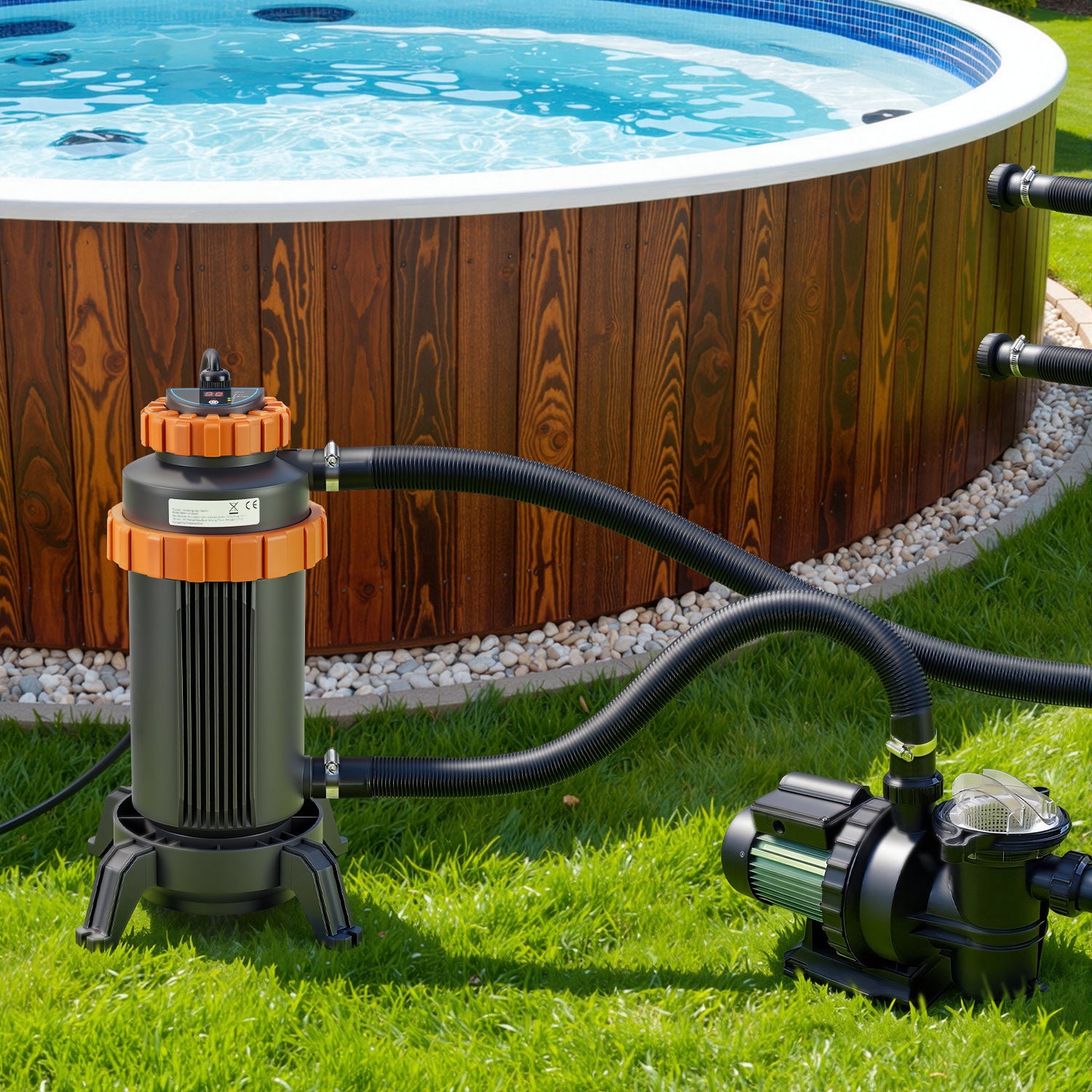 Hengda Poolheizung Elektrisch 3KW, Heizung bis 45 °C, Ø 29 x 42 cm Pool Heizung  mit Digitalanzeige, FI-Schutz, Schnittstelle 32-38 mm