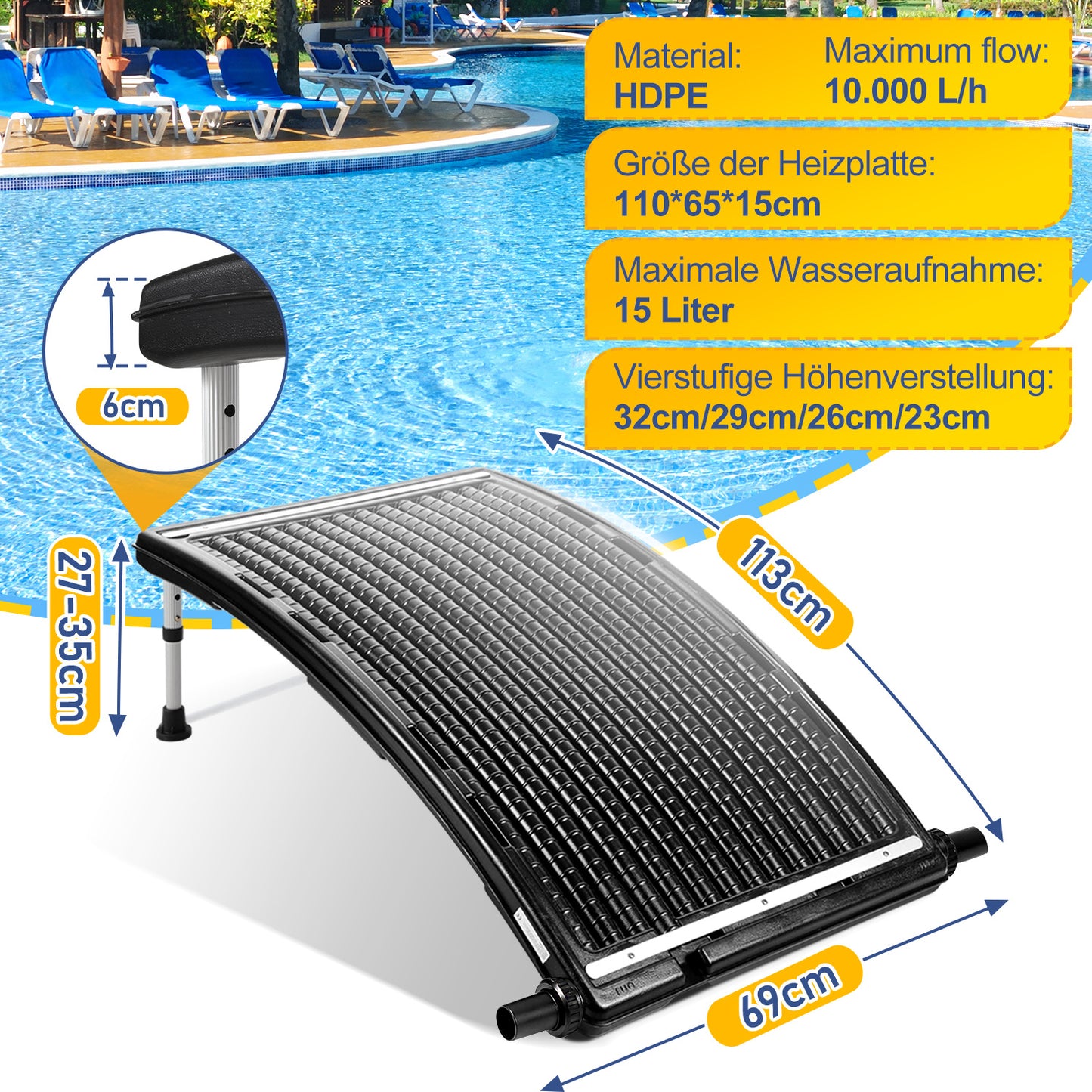 Hengda Poolheizung Solar, 113x69x35cm Solarheizung Pool Höhenverstellbar, Sonnenkollektor bis 10000 L/H