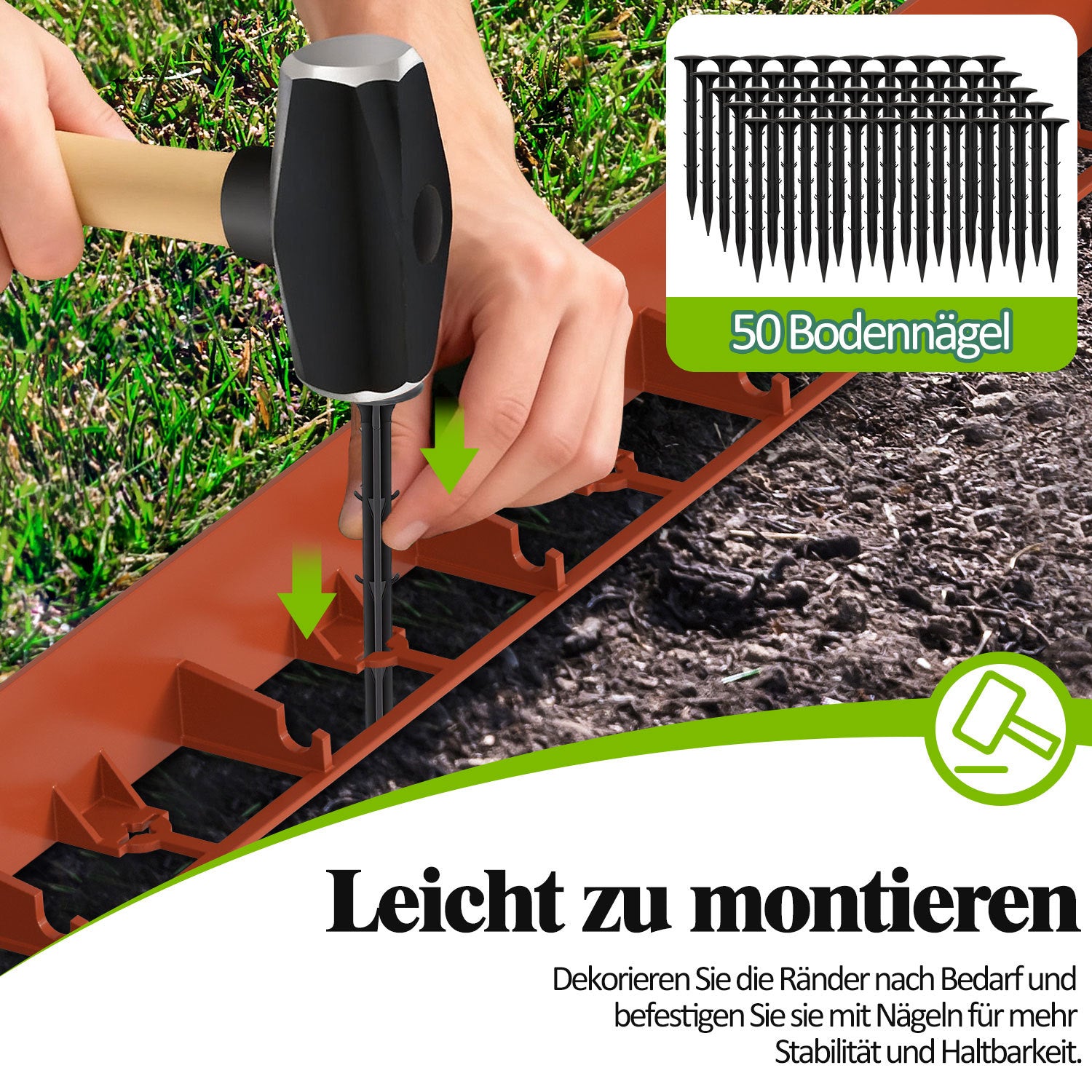 Hengda Rasenkante Kunststoff, Pflasterkante mit Erdanker, Mähkante für Rasen, Beet