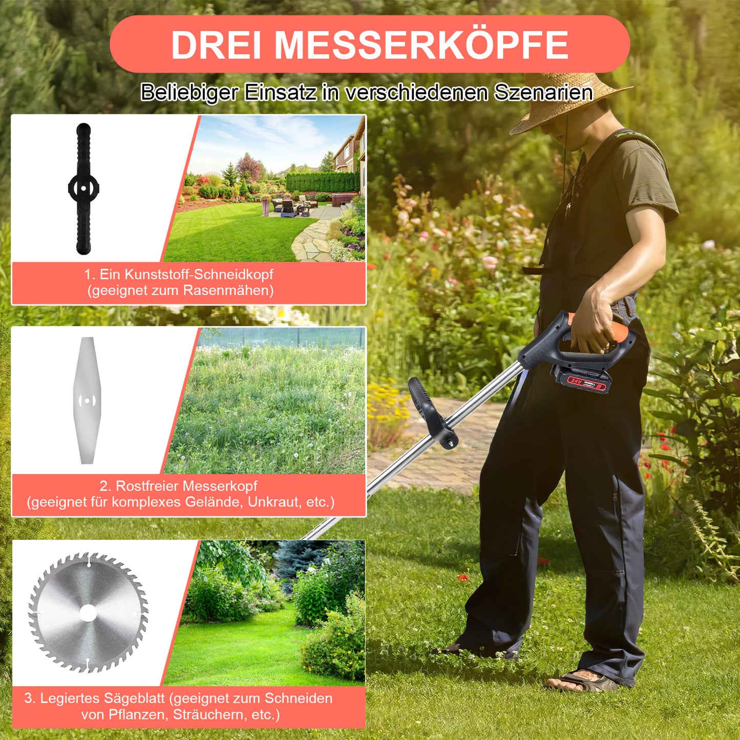 Hengda Rasentrimmer, Rasen Kantenschneider, inkl. 2X 1.5Ah Akkus und Ladegerät, 18.000 U/min, 24V