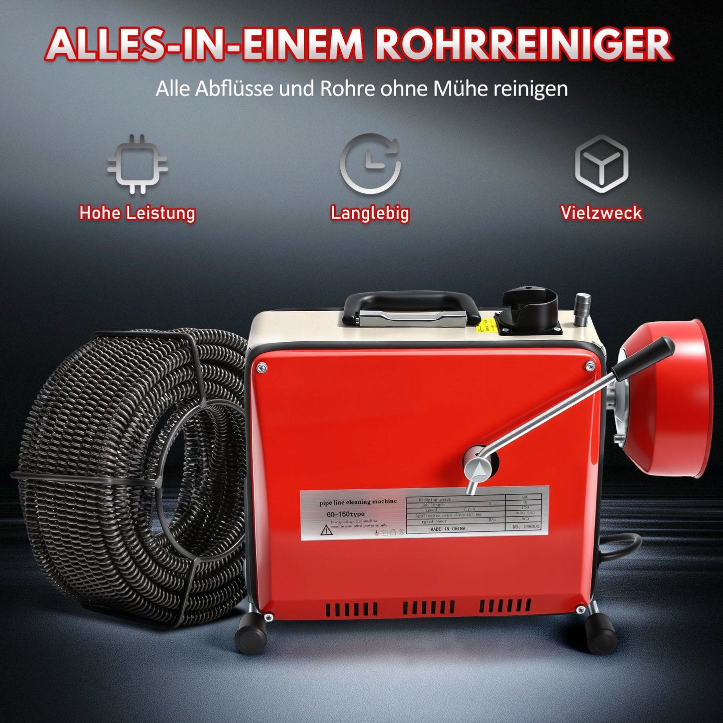 Hengda Rohrreinigungsmaschine 500W, Elektrische Abflussreiniger mit 6 Köpfen,  Rohrreinigungsgerät, Elektrische Köpfe Für 20–120 mm Rohre